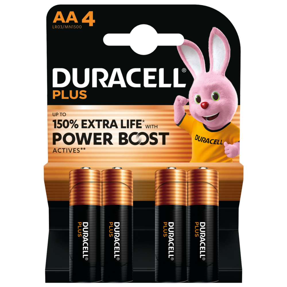 Duracell AA Plus Alkaline 150% Extra Life Power Boost 1.5V Pack of 4