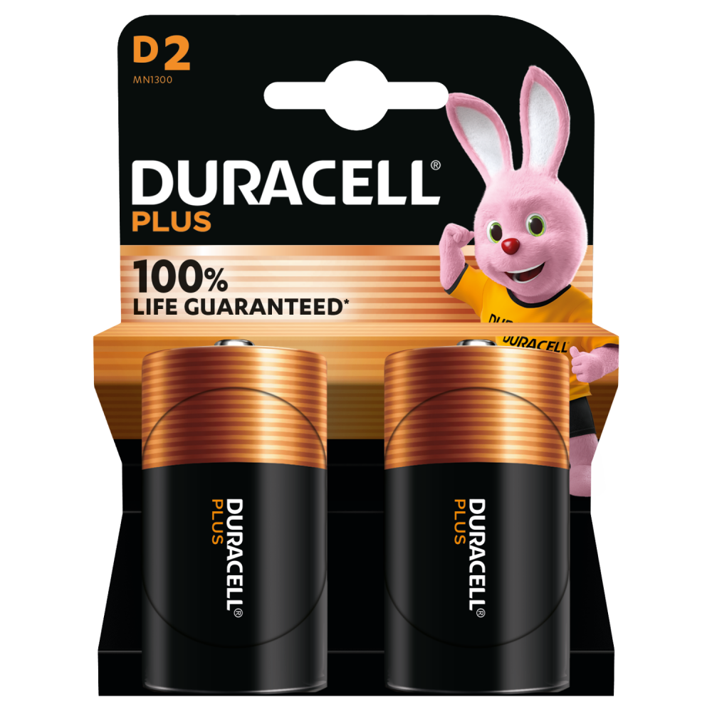 Duracell Plus 100% Extra Life Alkaline Power D Pack of 2