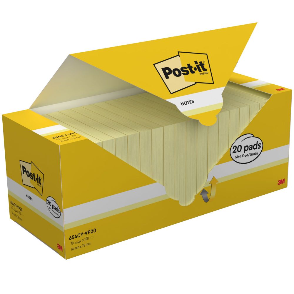 Post-it Pack of 20 Notes Value Pack 76x76mm 100 Sheets Canary Yellow