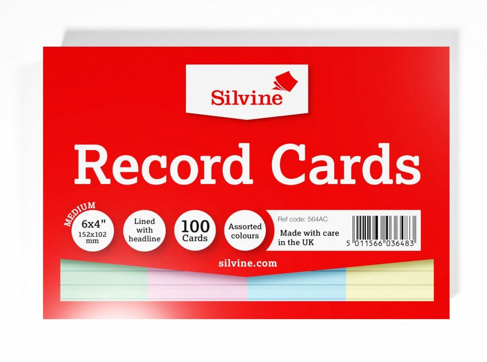 Silvine Record Cards 152x102mm Ruled Assorted Colours Pack of 100
