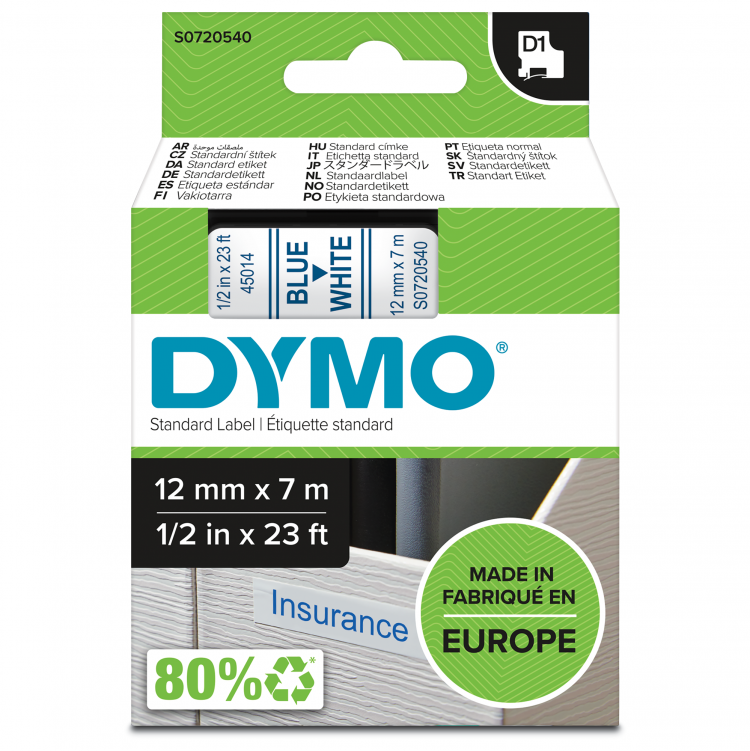Dymo 45014 D1 12mm x 7m Blue on White Tape - Image 1