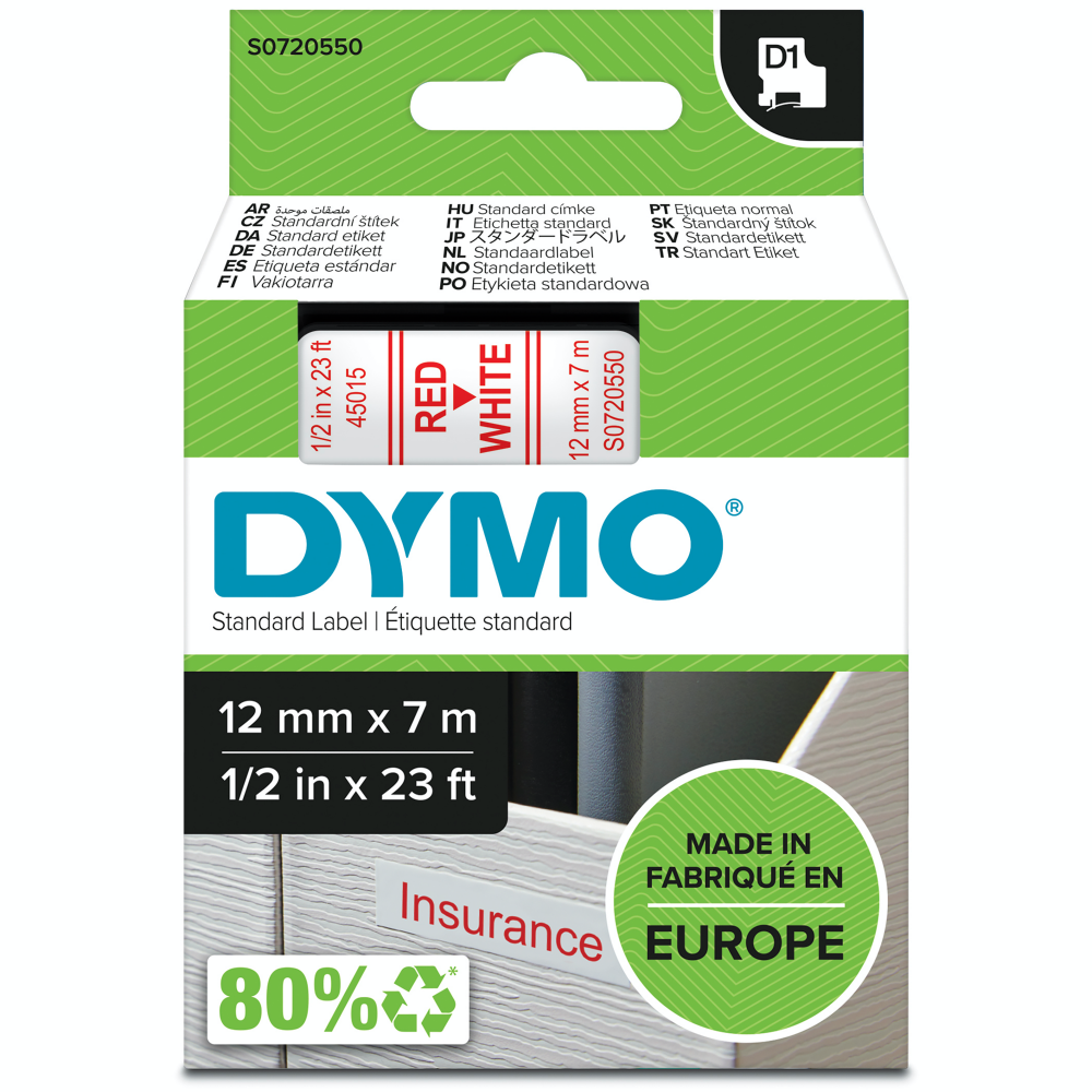 Dymo 45015 D1 12mm x 7m Red on White Tape