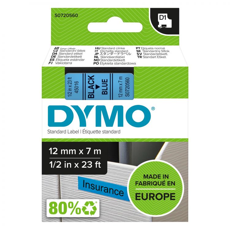 Dymo 45016 D1 12mm x 7m Black on Blue Tape - Image 1