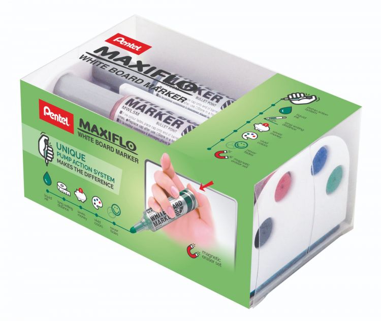 Pentel Maxiflo 4 Pack Assorted Colour Whiteboard Set Bullet Tip 3mm Line - Image 1