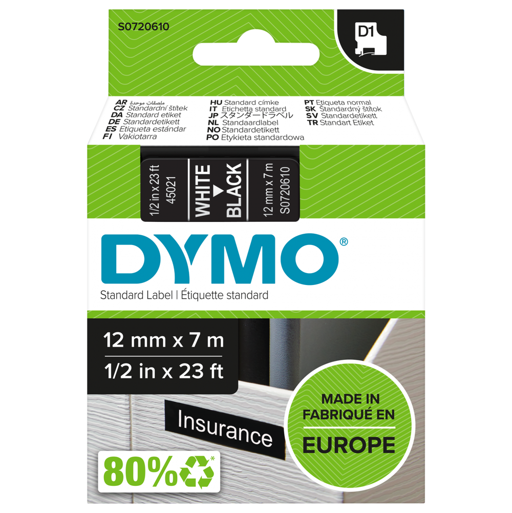 Dymo 45021 D1 12mm x 7m White on Black Tape
