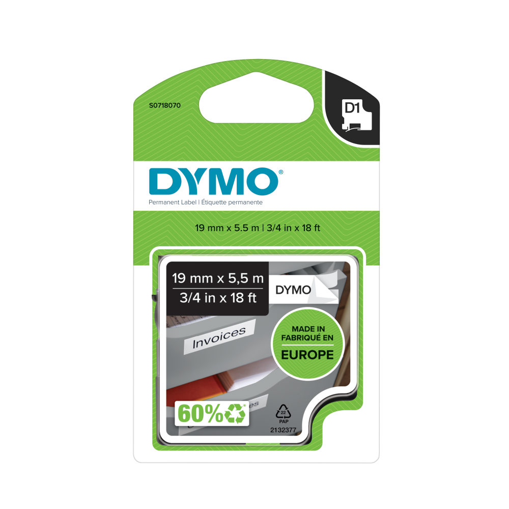 Dymo 16960 19mm x 5.5m Black on White Polyester labels