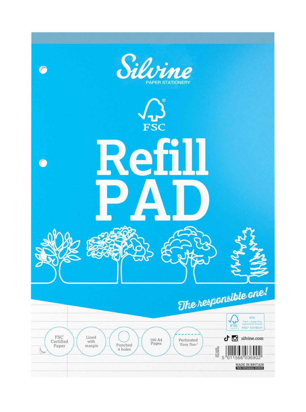 Silvine A4 Refill Pad FSC Ruled 160 Pages Blue Pack 5