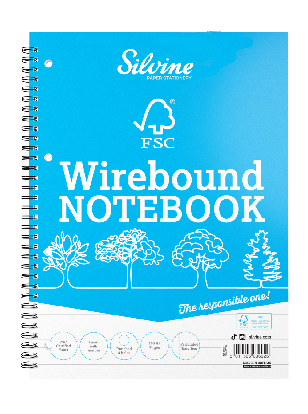 Silvine A4 Wirebound Card Cover Notebook FSC Ruled 160 Pages Pack 5