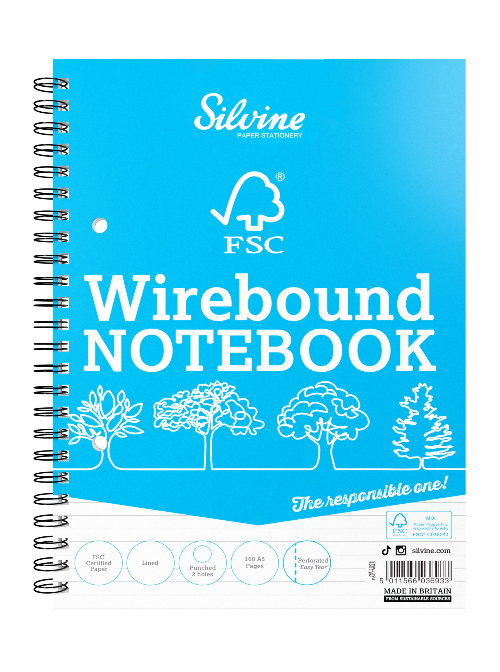 Silvine A5 Wirebound Card Cover Notebook FSC Ruled 160 Pages Pack 5