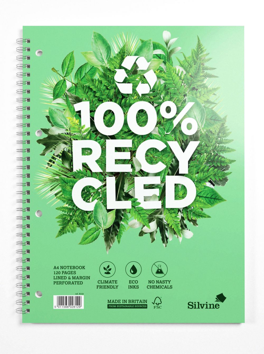 Silvine Premium Recycled A4 Wirebound Card Cover Notebook Green Pack 5