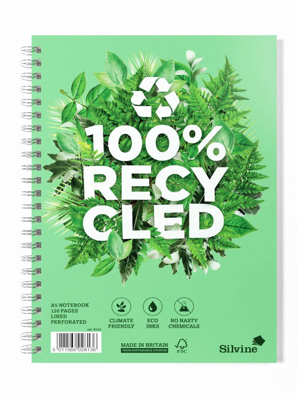 Silvine Premium Recycled A5 Wirebound Card Cover Notebook Green Pack 5