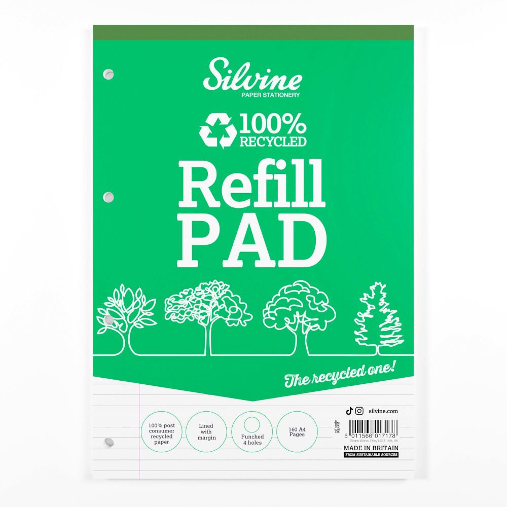 Silvine A4 Refill Pad Recycled Ruled 160 Pages Green Pack of 6