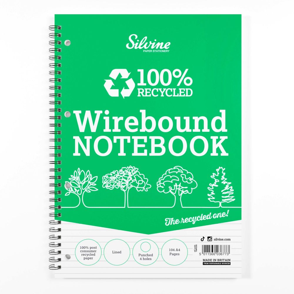 Silvine A4 Wirebound Card Cover Notebook Recycled Green Pack 12