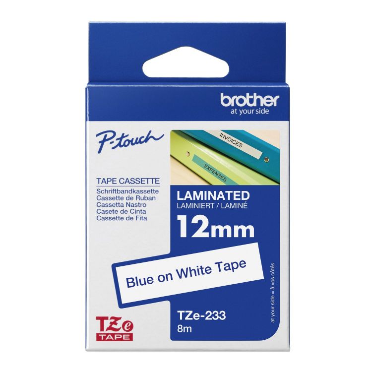 Brother TZE233 Blue on White 8M x 12mm Gloss Tape
