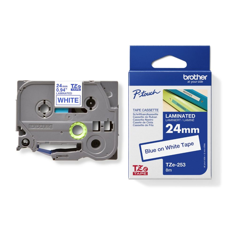 Brother TZE253 Blue on White 8M x 24mm Gloss Tape