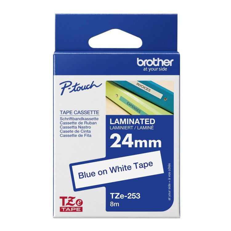 Brother TZE253 Blue on White 8M x 24mm Gloss Tape