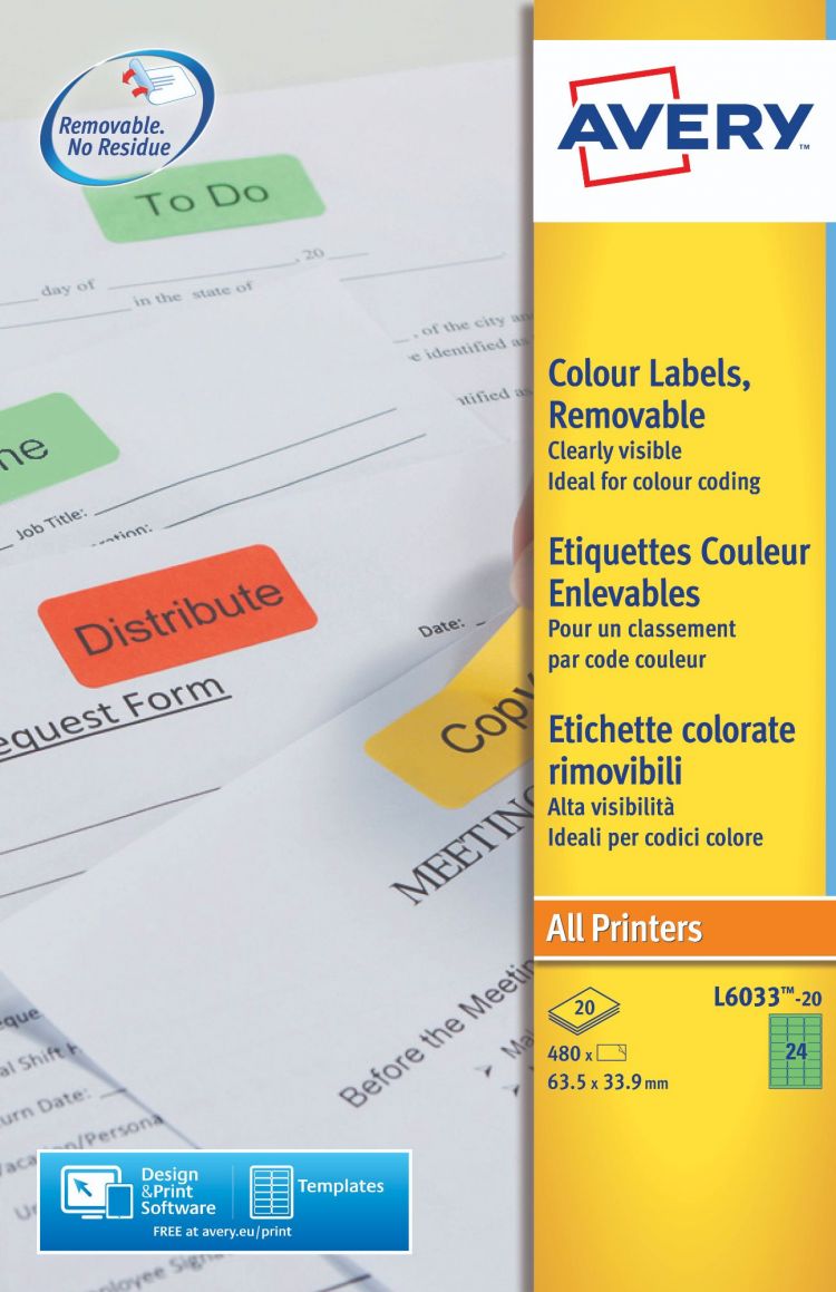 Avery L6033-20 Green Removable Labels 20 sheets - 24 Labels per sheet - Image 2