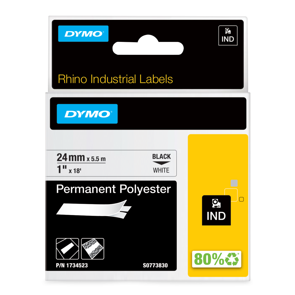 Dymo S0773830 24mm Black on White Permanent Polyester Tape - S0773830