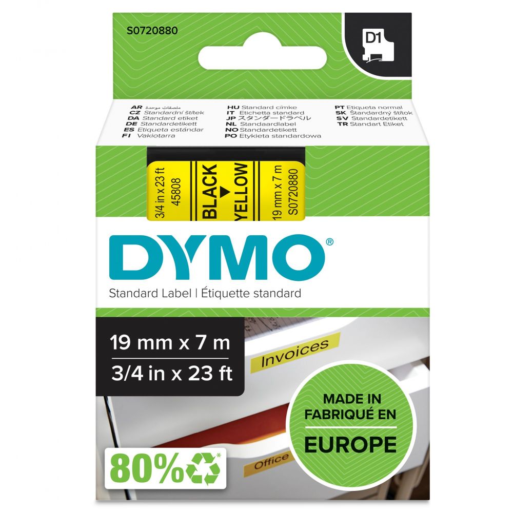 Dymo 45808 19mm x 7m Black on Yellow Tape