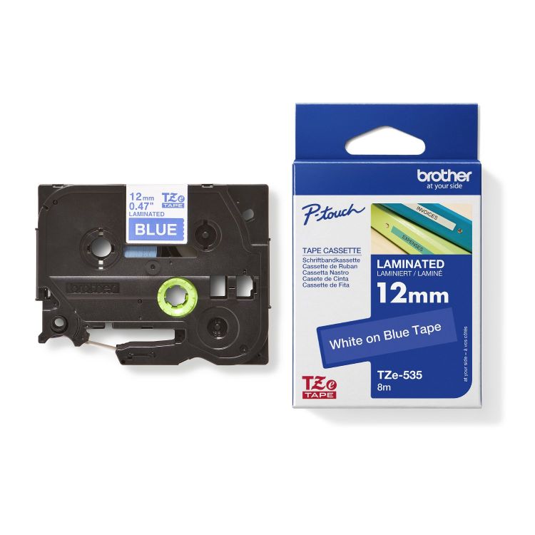 Brother TZE535 White on Blue 8M x 12mm Gloss Tape