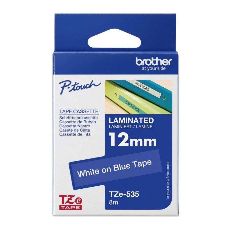 Brother TZE535 White on Blue 8M x 12mm Gloss Tape