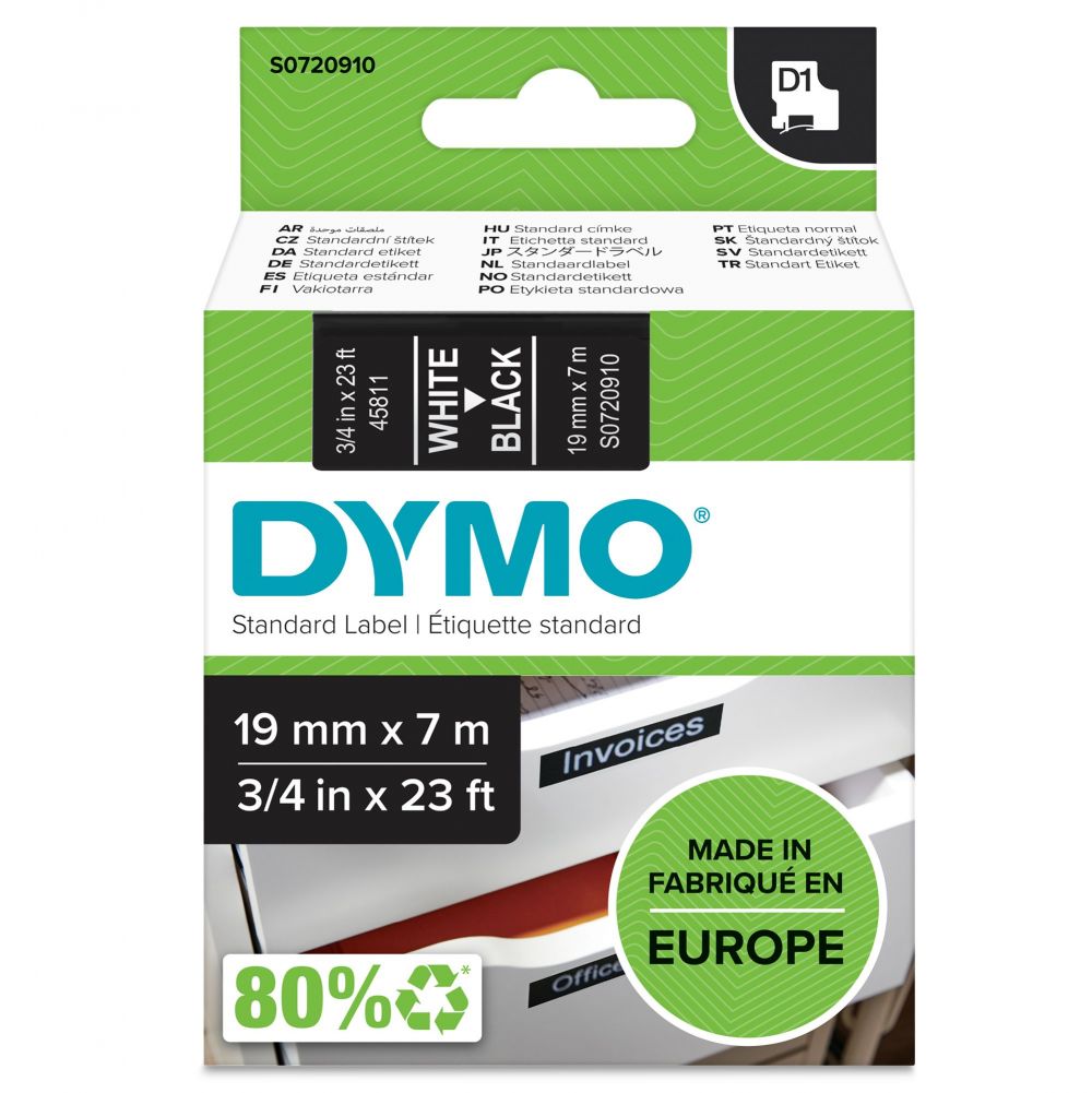 Dymo+45811+19mm+x+7m+White+on+Black+Tape