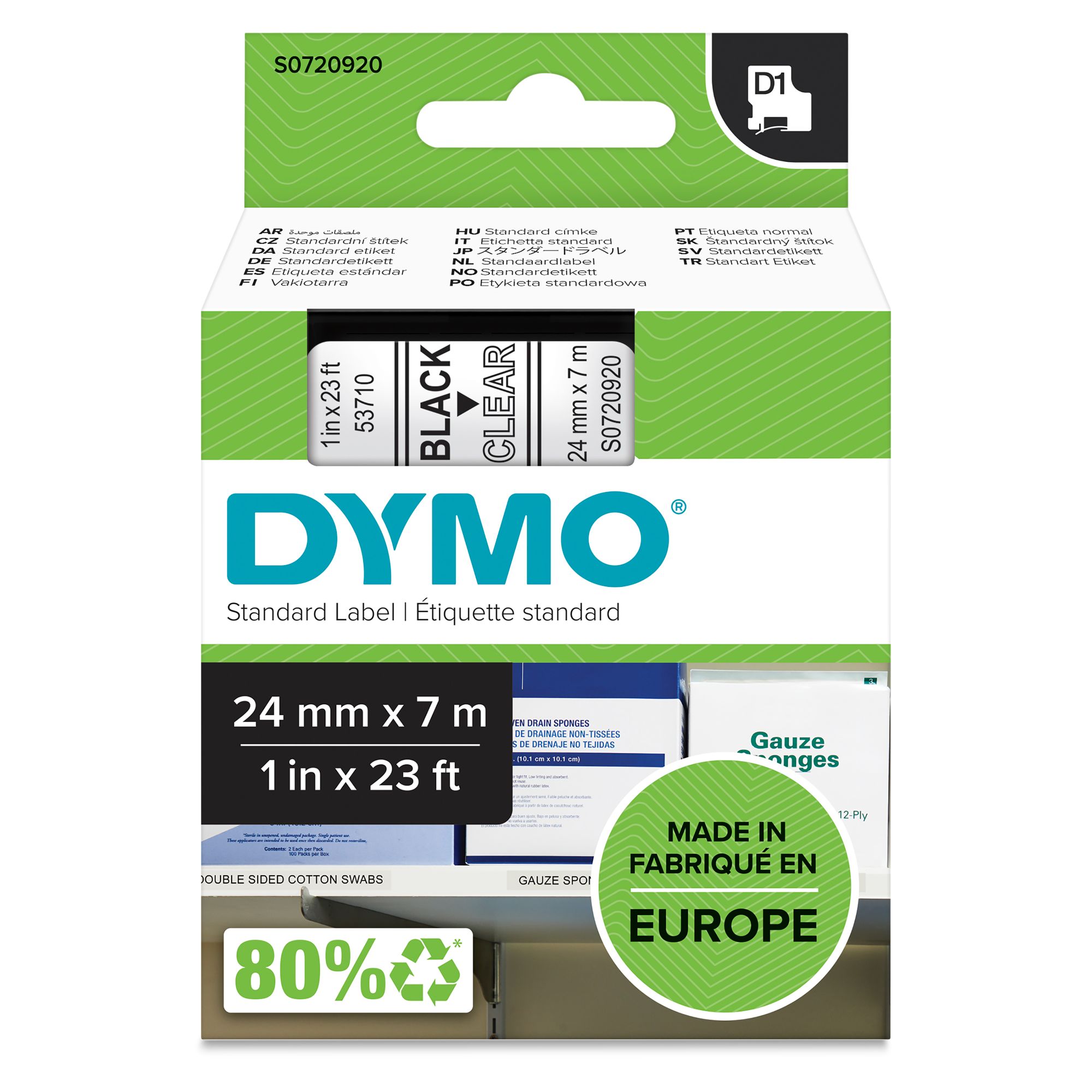 Dymo 53710 24mm x 7m Black on Clear Tape
