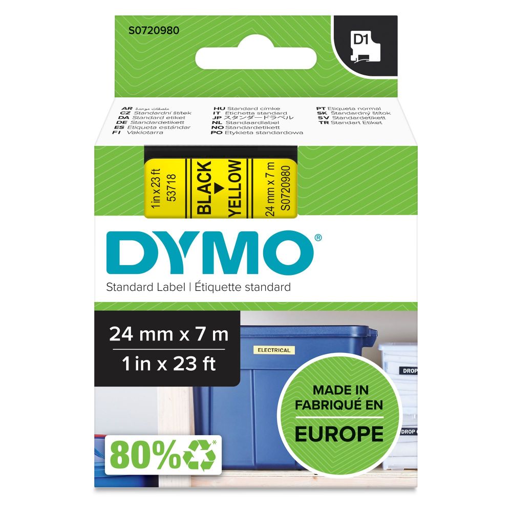 Dymo 53718 24mm x 7m Black on Yellow Tape