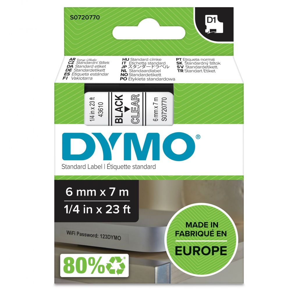 Dymo 43610 D1 6mm x 7m Black on Clear Tape