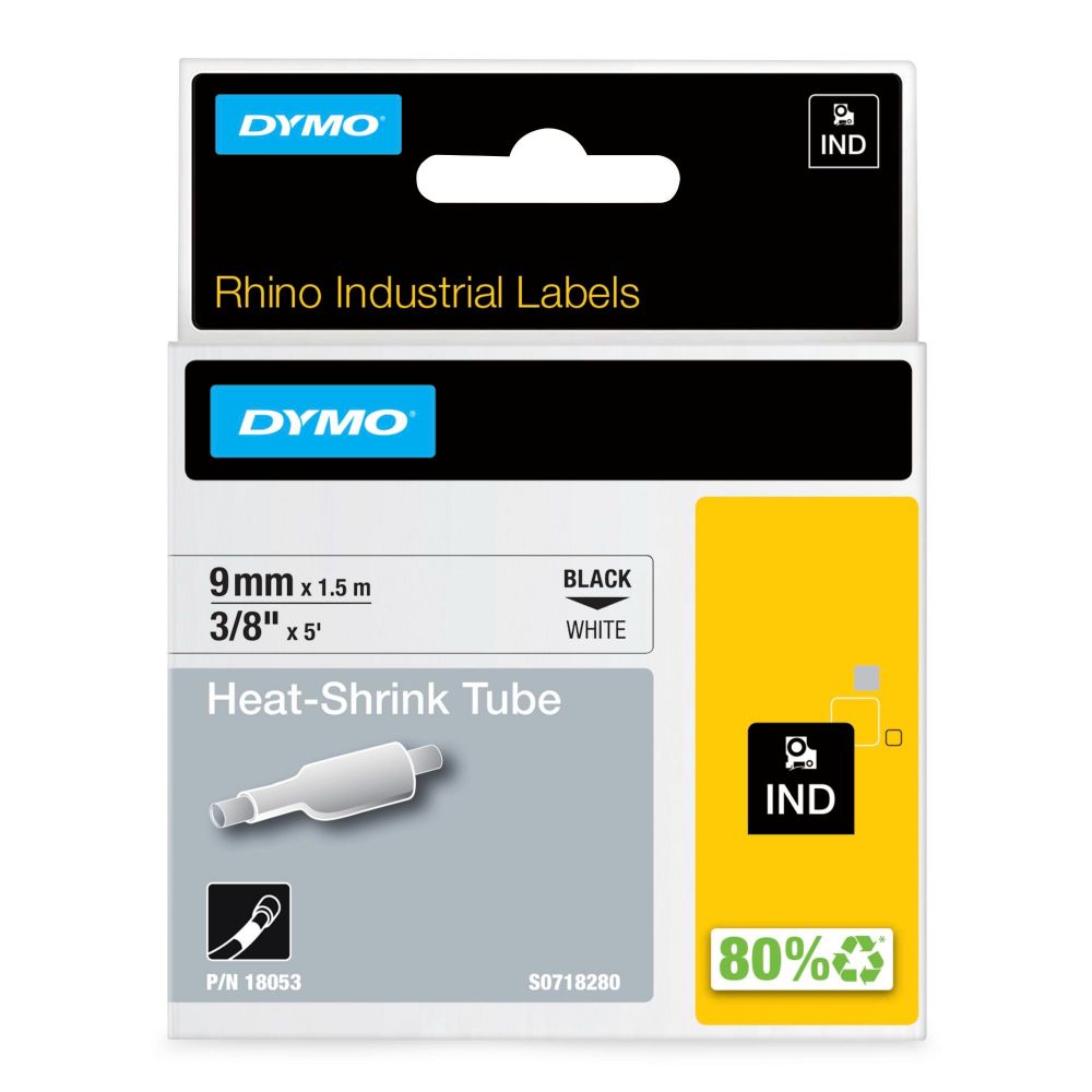 Dymo 18053 Rhino 9mm Black on White Heat Shrink Tube - S0718280