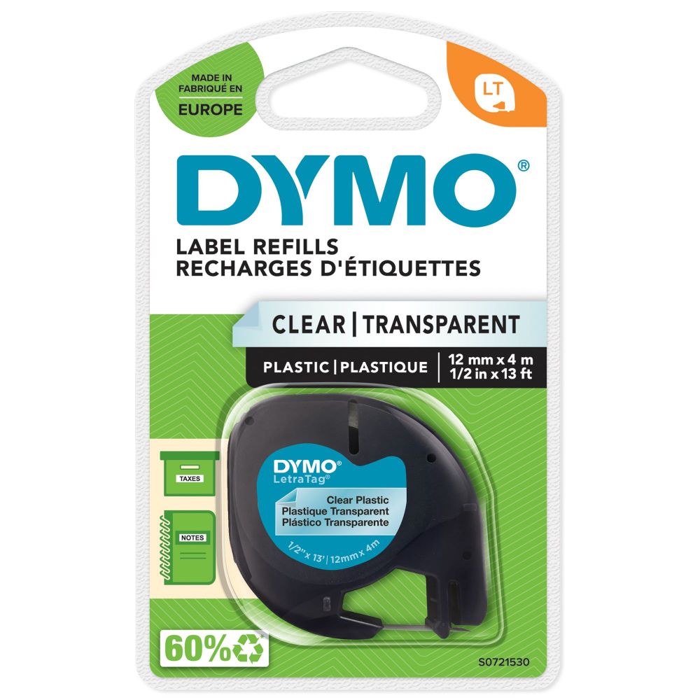 Dymo+12267+12mmx4m+Black+on+Clear+Plastic+Tape