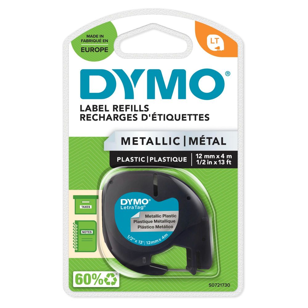 Dymo+91208+12mm+x+4m+Black+On+Metallic+Silver+Tape