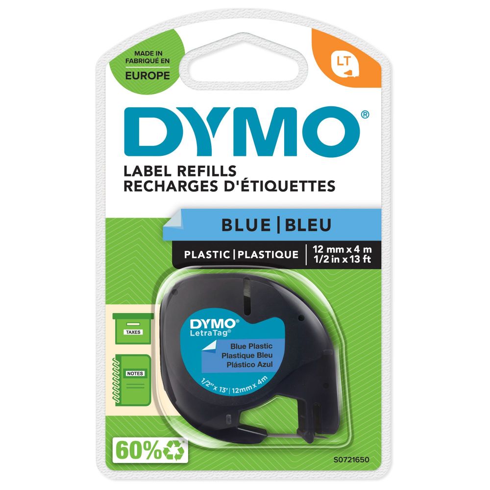 Dymo 91205 12mm x 4m Black On Blue Plastic Tape