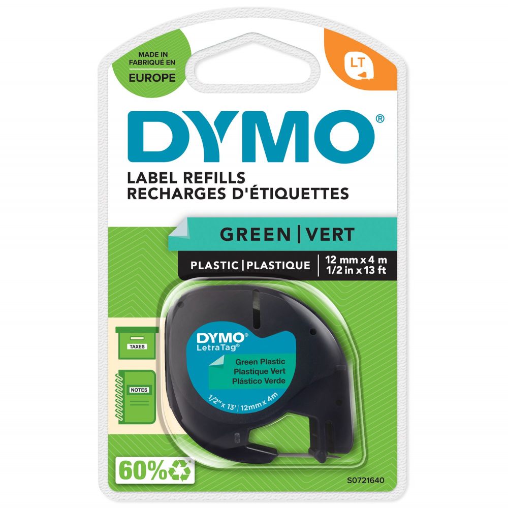 Dymo+91204+12mm+x+4m+Black+On+Green+Plastic+Tape