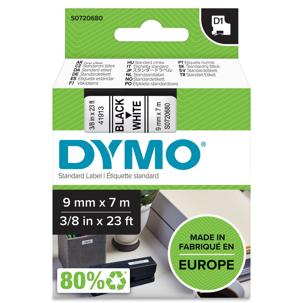Dymo+40913+D1+9mm+x+7m+Black+on+White+Tape