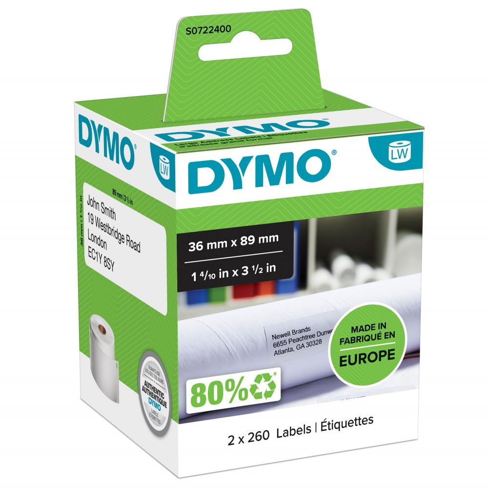 Dymo+99012+36mm+x+89mm+Large+Address+Labels+Black+on+White+Box+of+2+Rolls