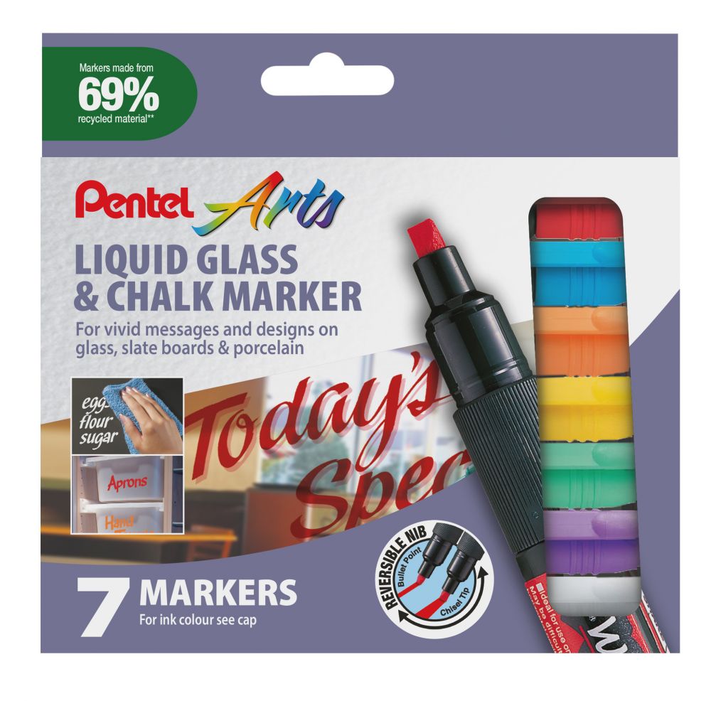 Pentel Wet Erase 7 Pack Assorted Colour Chalk Marker Chisel Tip 2-4mm Line