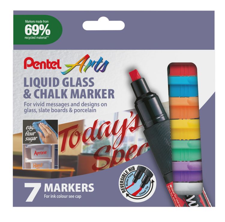 Pentel Wet Erase 7 Pack Assorted Colour Chalk Marker Chisel Tip 2-4mm Line - Image 1