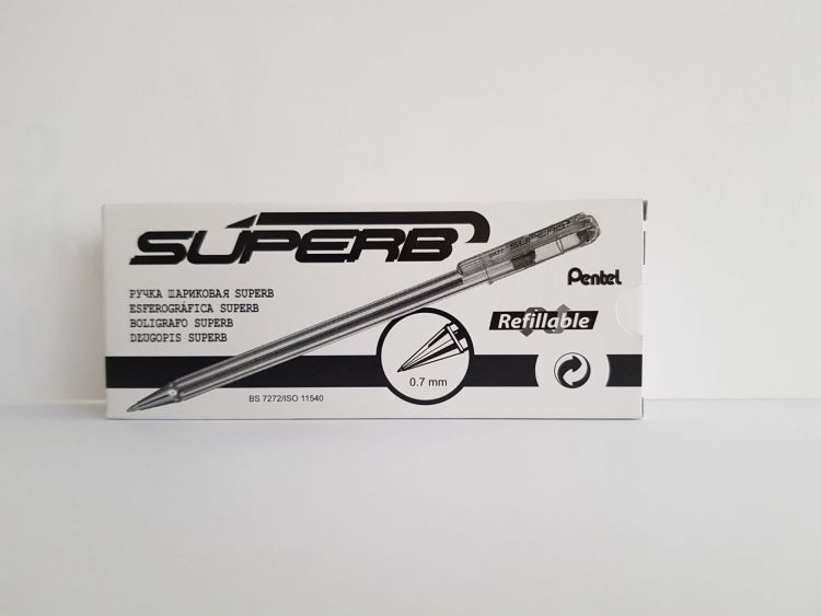 Pentel Superb 12 Pack Black Ballpoint Pen 0.7mm Tip 0.25mm Line - Image 2