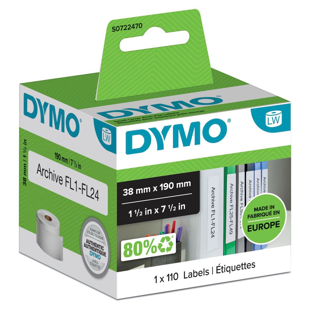 Dymo+99018+38mm+x+190mm+Small+Lever+Arch+Labels+Black+on+White