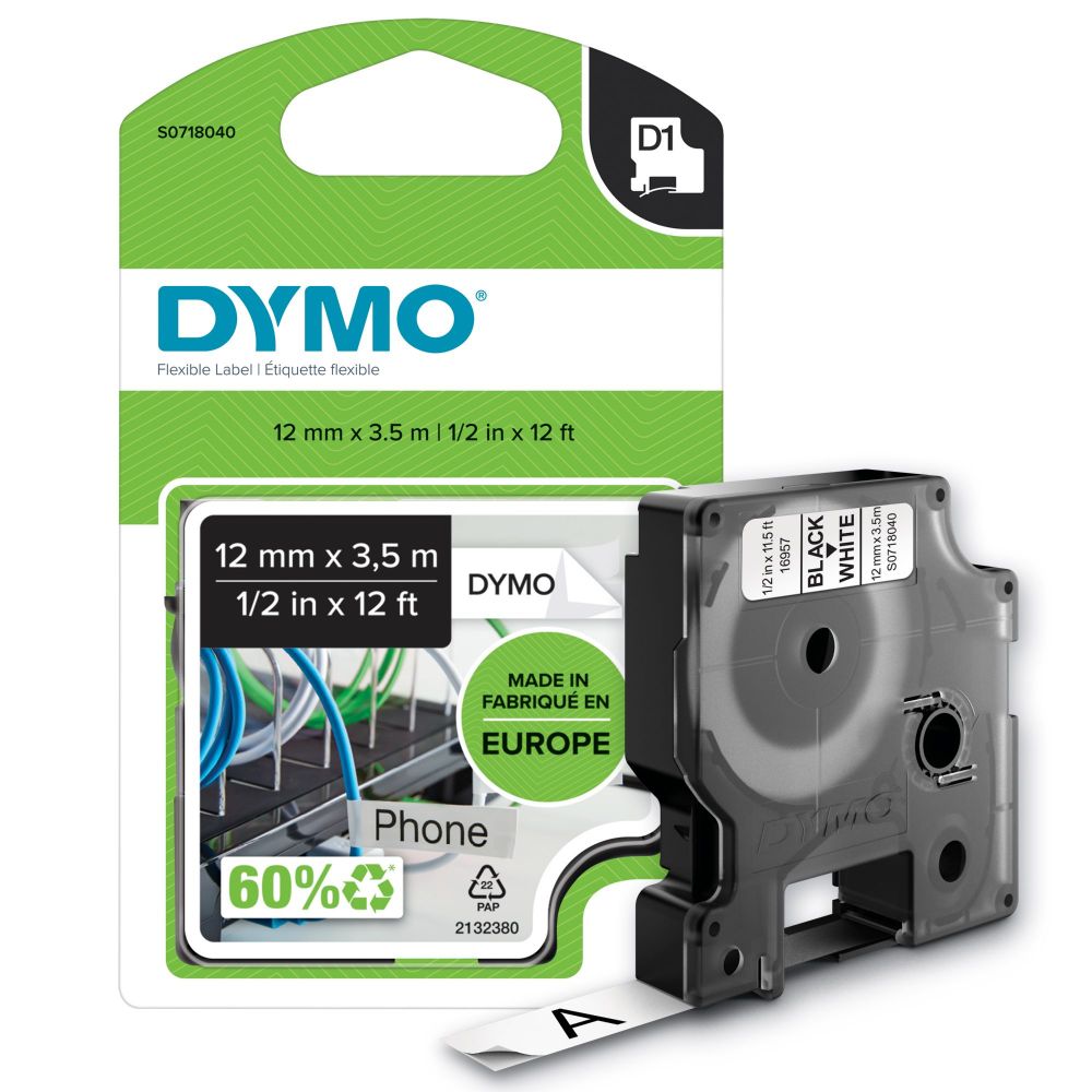 Dymo+16957+D1+12mm+x+3.5m+Black+on+White+Tape