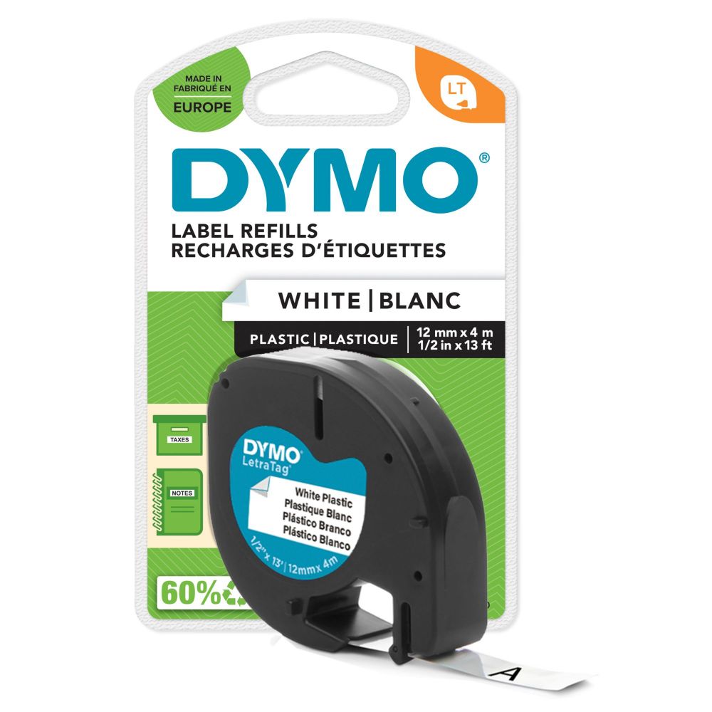Dymo+91221+12mm+x+4m+Black+On+White+Plastic+Tape