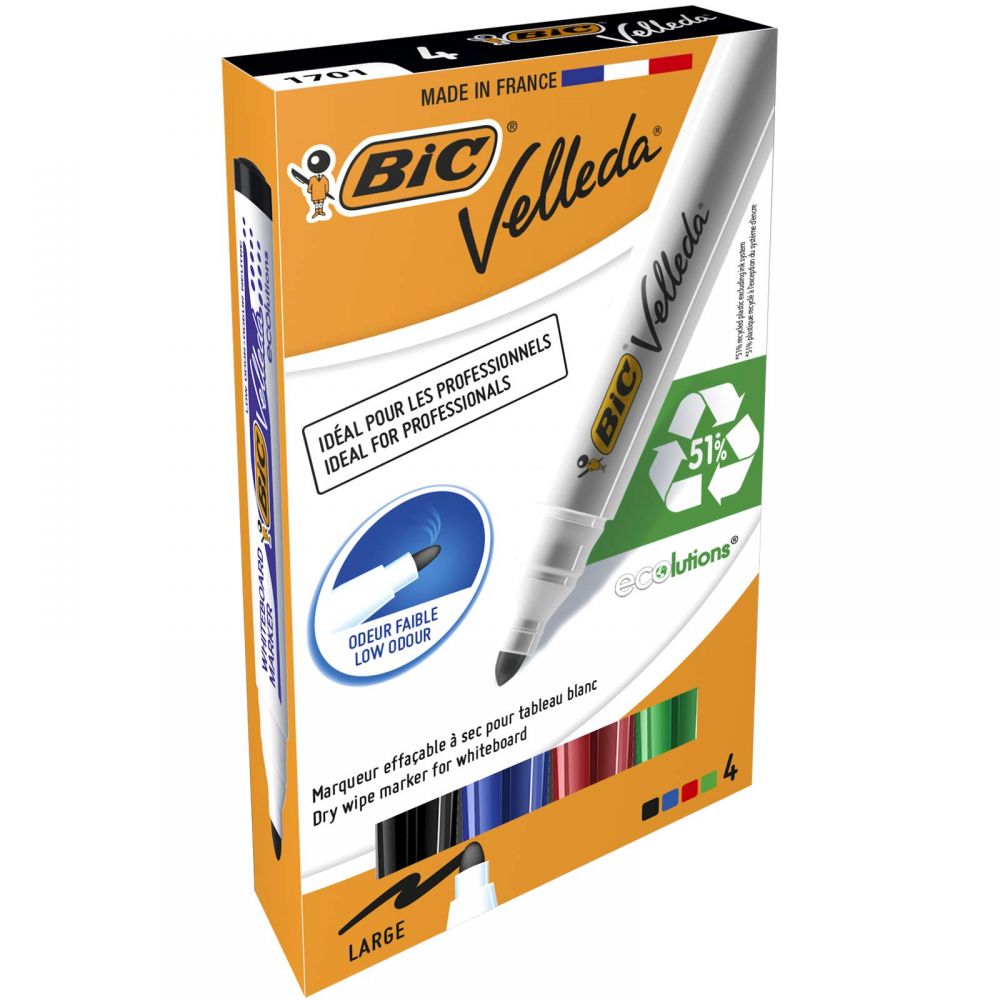 Bic Pack of 4 Ecolutions Velleda1701 Whiteboard Marker Bullet Tip 1.5mm Line Assorted Colours