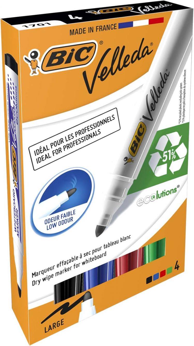 Bic Pack of 12 Ecolutions Velleda1701 Whiteboard Marker Bullet Tip 1.5mm Line Assorted Colours