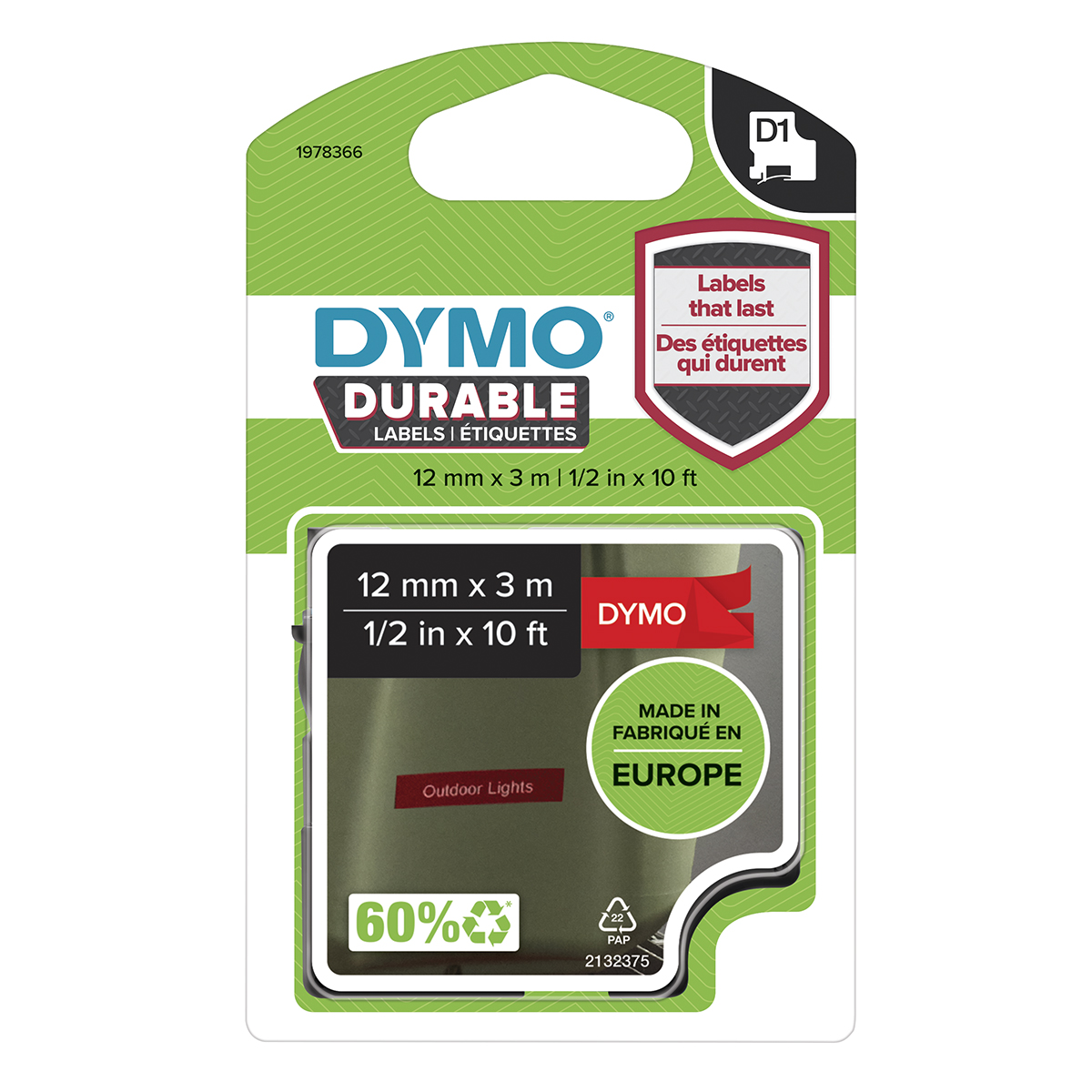 Dymo 1978366 D1 Durable 12mm x 3M Tape White on Red