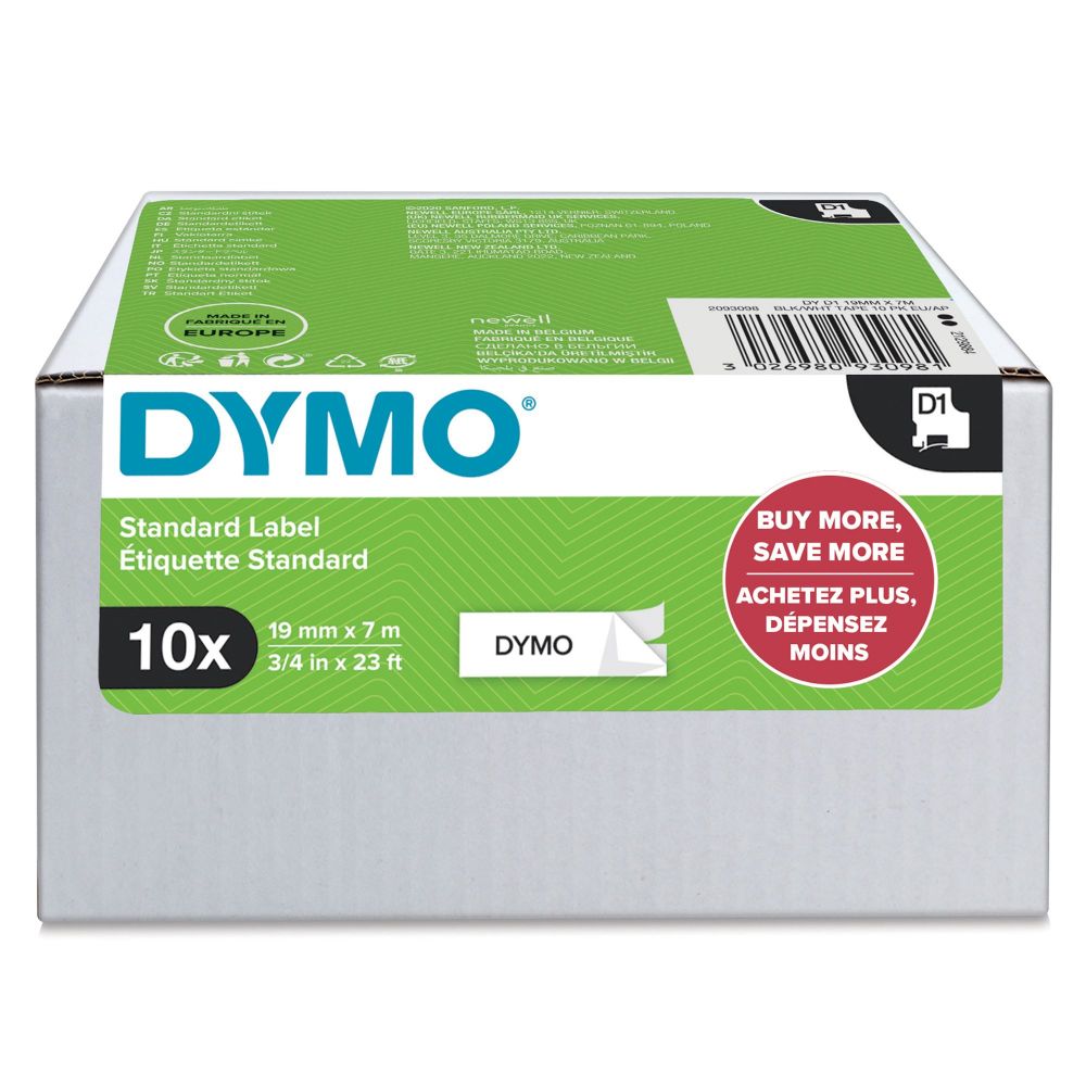 Dymo 45803 D1 19mm x 7m Black on White Tape 10 Pack