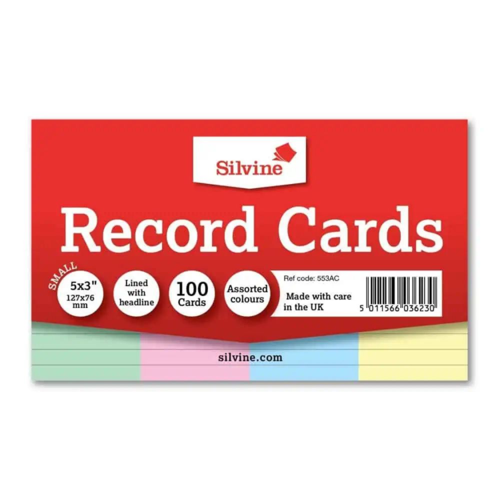 Silvine Record Cards 127x76mm Ruled Assorted Colours Pack of 100