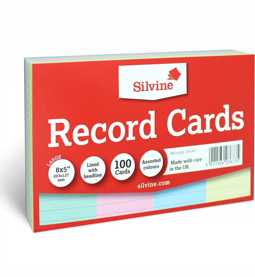 Silvine Record Cards 203x127mm Ruled Assorted Colours Pack of 100