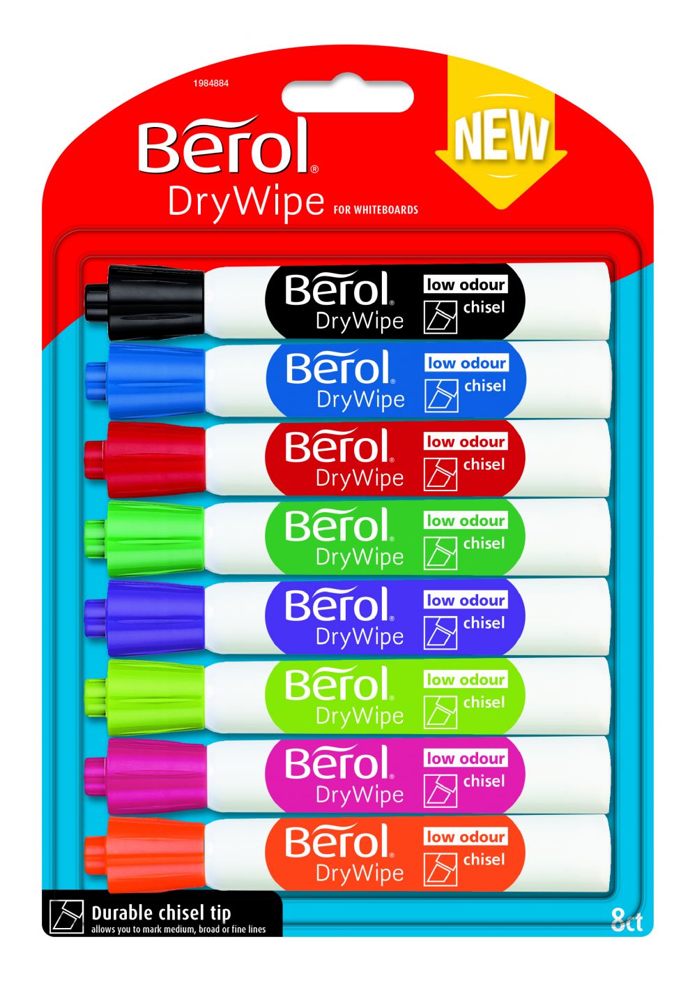 Berol Dry Wipe Whiteboard Marker Pens Assorted colours Chisel Tip Pack of 8