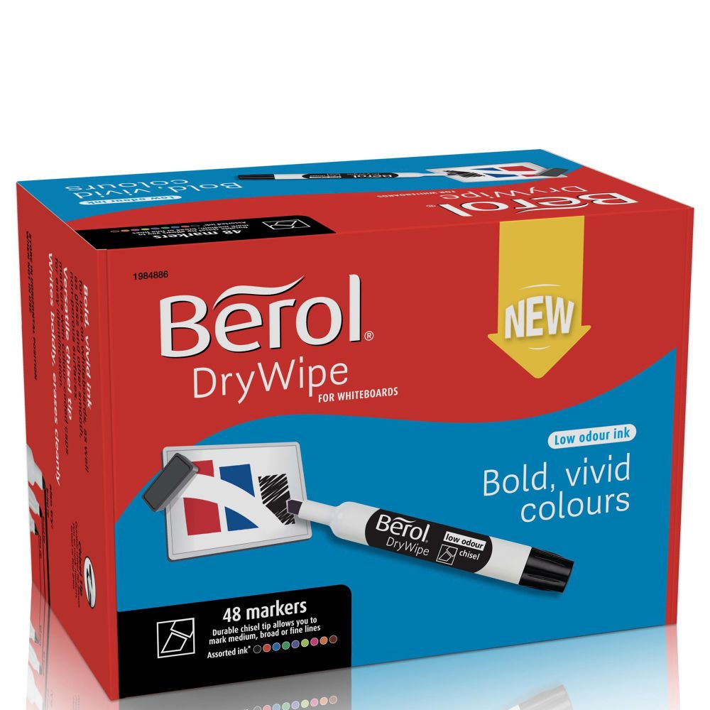 Berol Dry Wipe Whiteboard Marker Pens Assorted colours Chisel Tip Pack of 48